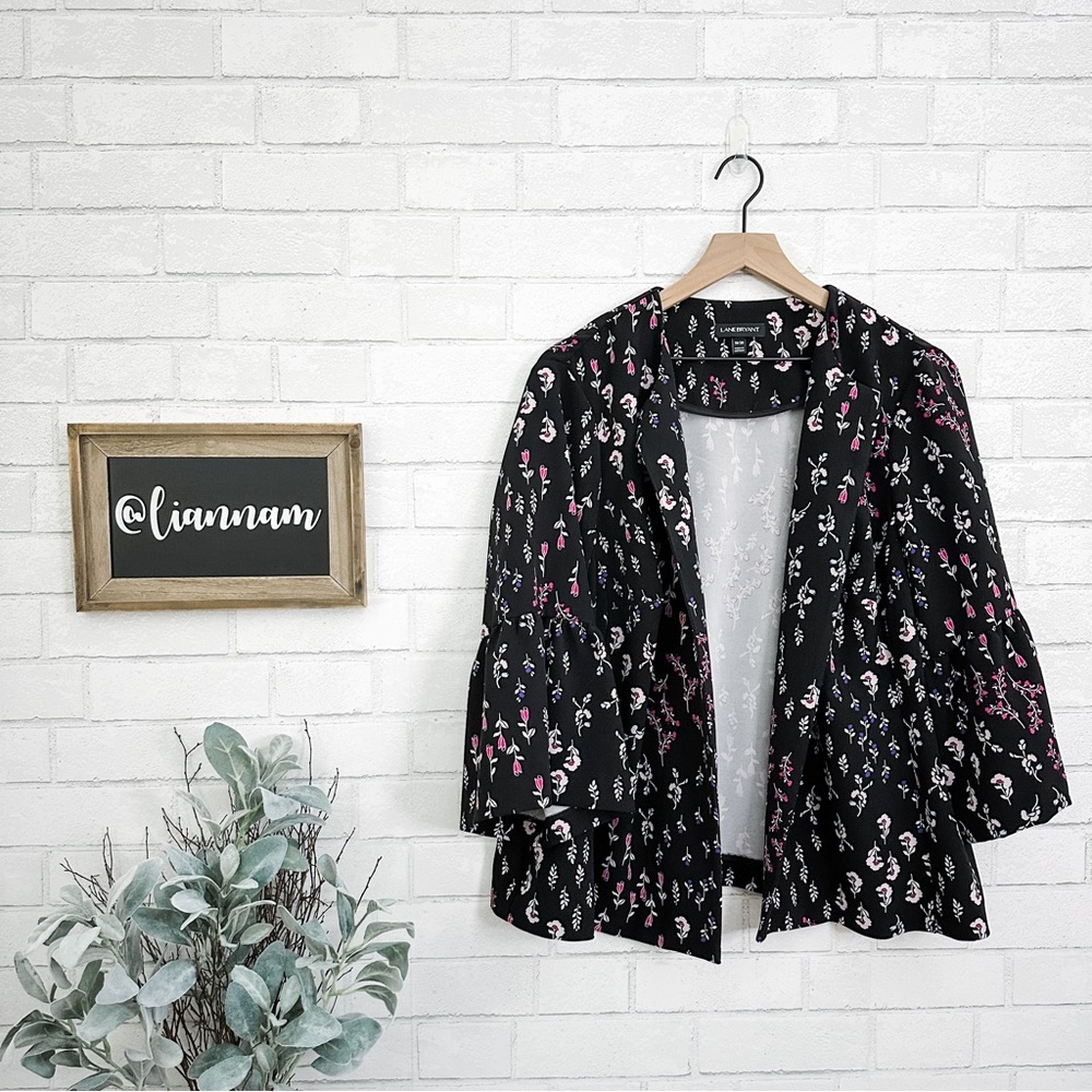 LANE BRYANT Black Flowered Open Bell Sleeve Blazer